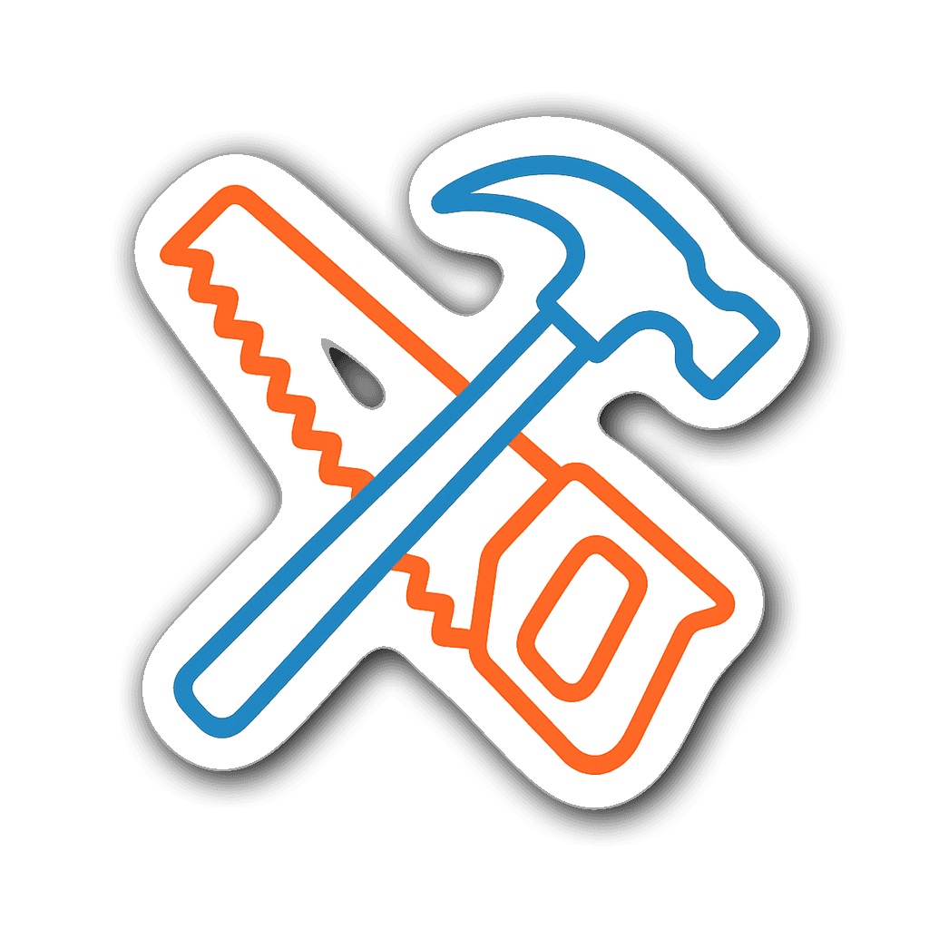 Minimalist line art sticker of a saw and hammer in orange and blue.