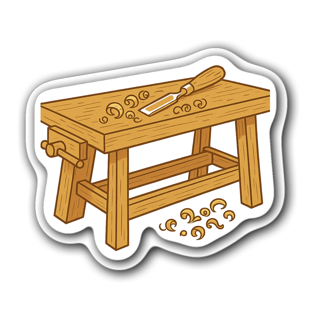 Minimalist carpenter workspace line art sticker with chisel
