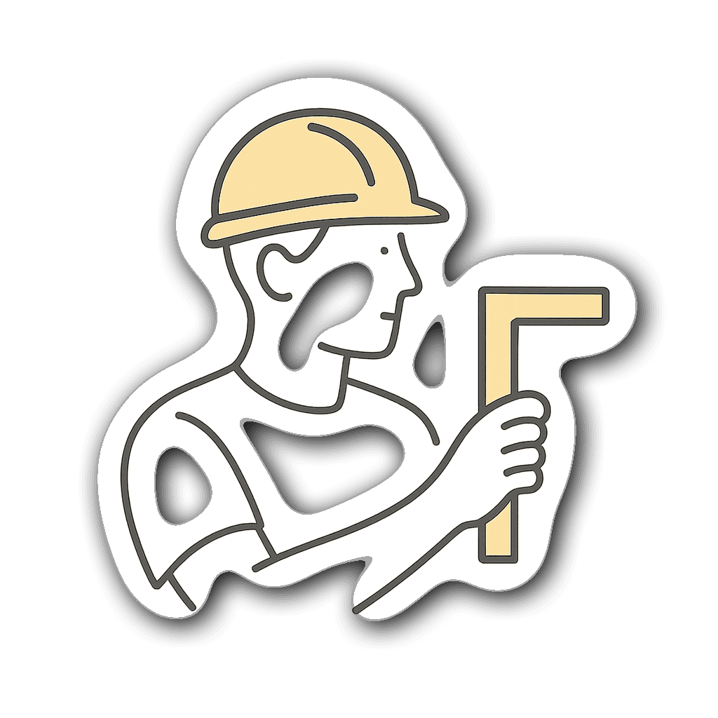 Minimalist die-cut sticker of a carpenter in soft yellow and charcoal