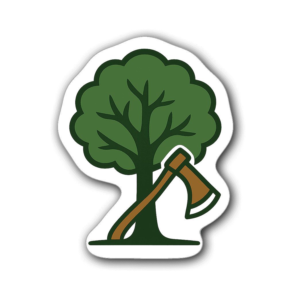 Carpenter sticker with tree silhouette and axe design
