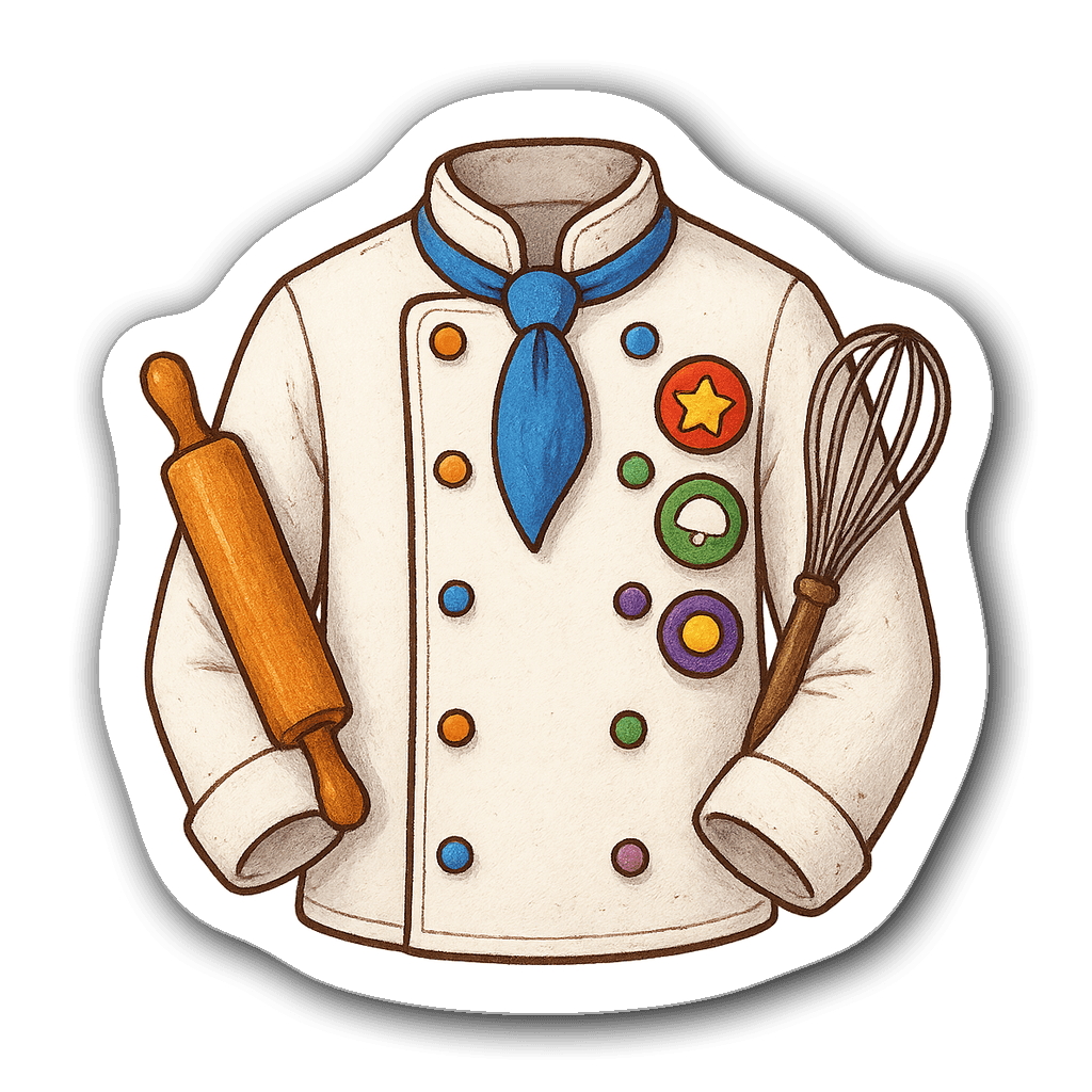 Whimsical chef coat sticker with colorful kitchen utensils