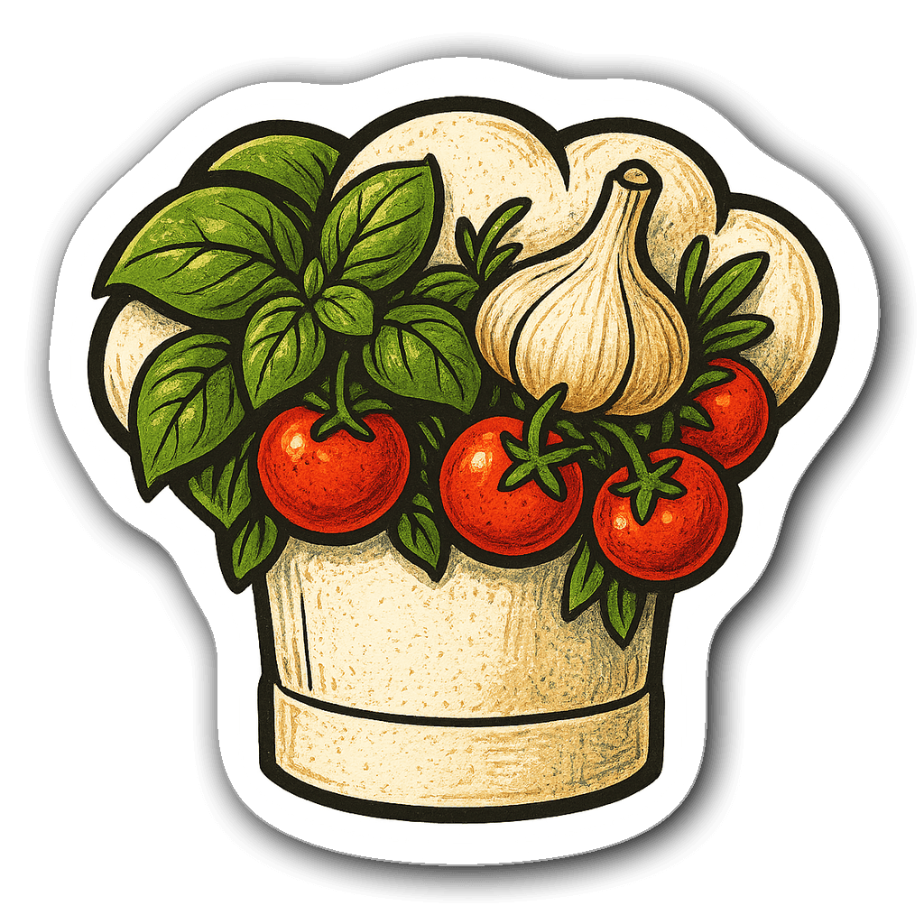 Chef hat with basil, garlic, and cherry tomatoes sticker