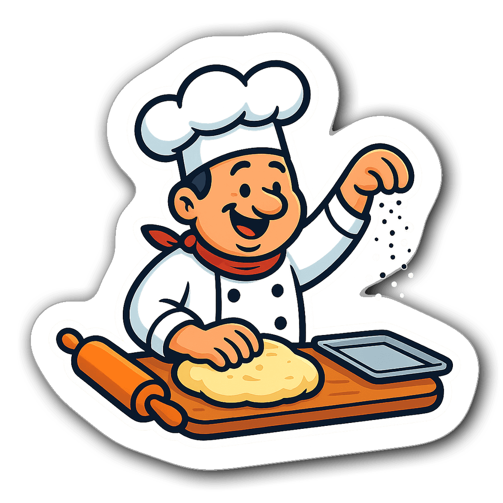 Cartoon chef kneading dough surrounded by baking items