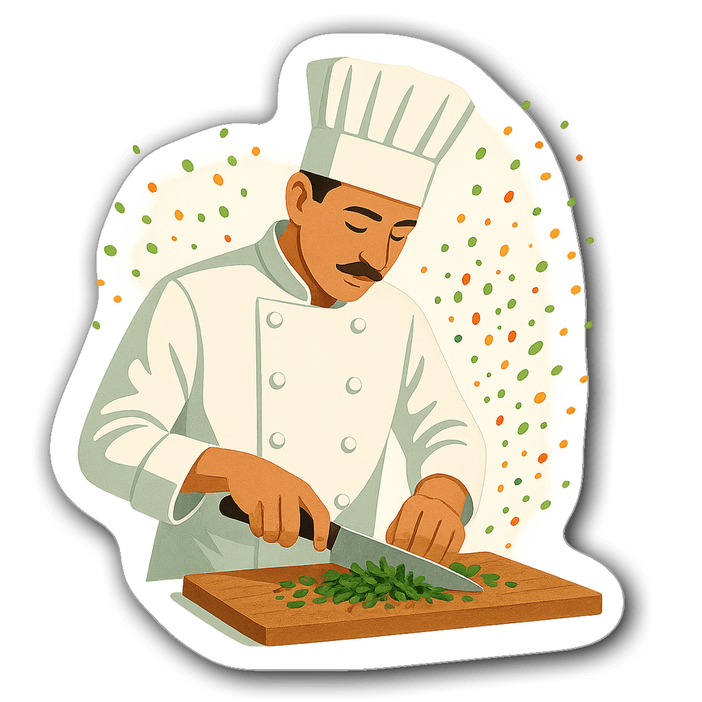 Elegant chef cutting herbs with colorful seasoning particles