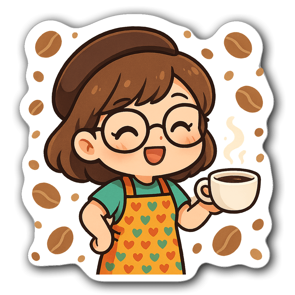 Cute chibi barista holding a coffee cup with coffee beans
