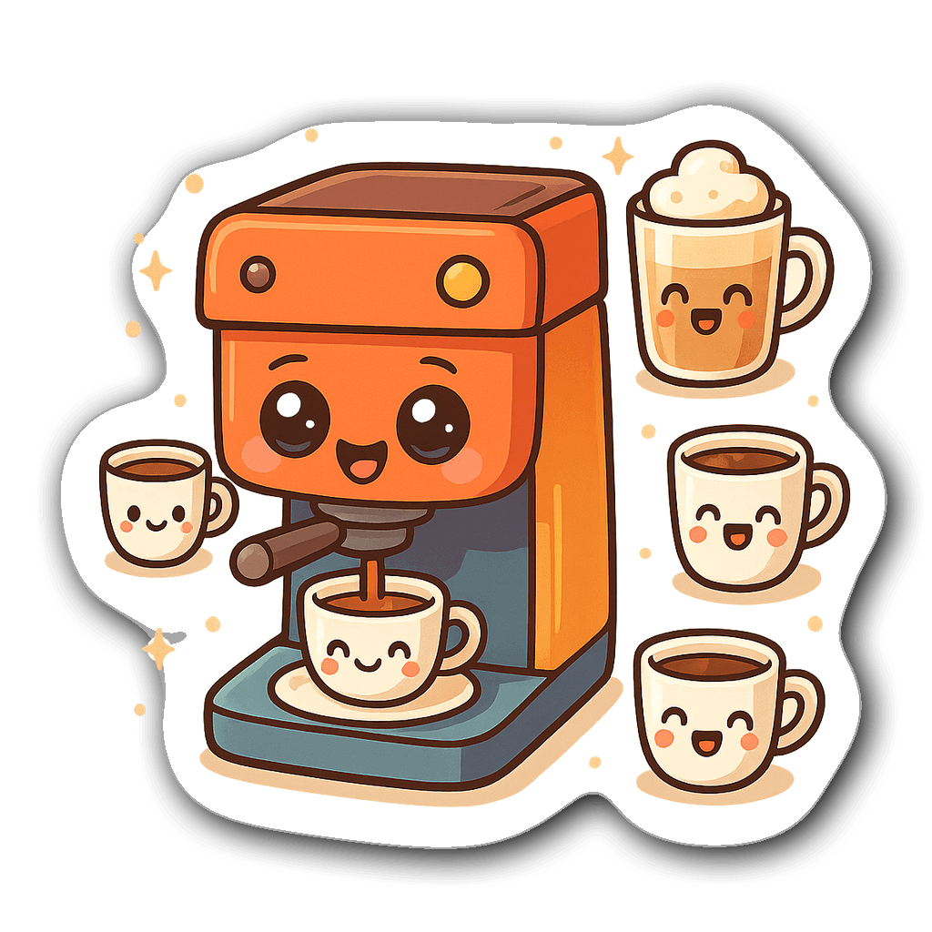 Kawaii chibi espresso machine with coffee cups