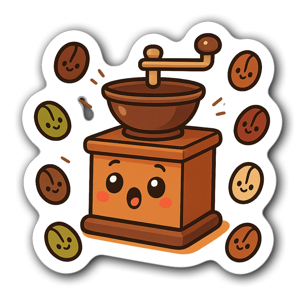 Kawaii chibi coffee grinder surrounded by cute coffee beans