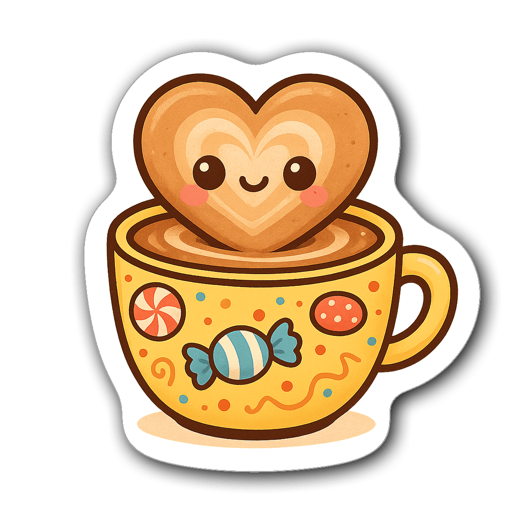 Kawaii chibi barista sticker with latte art heart in a cup