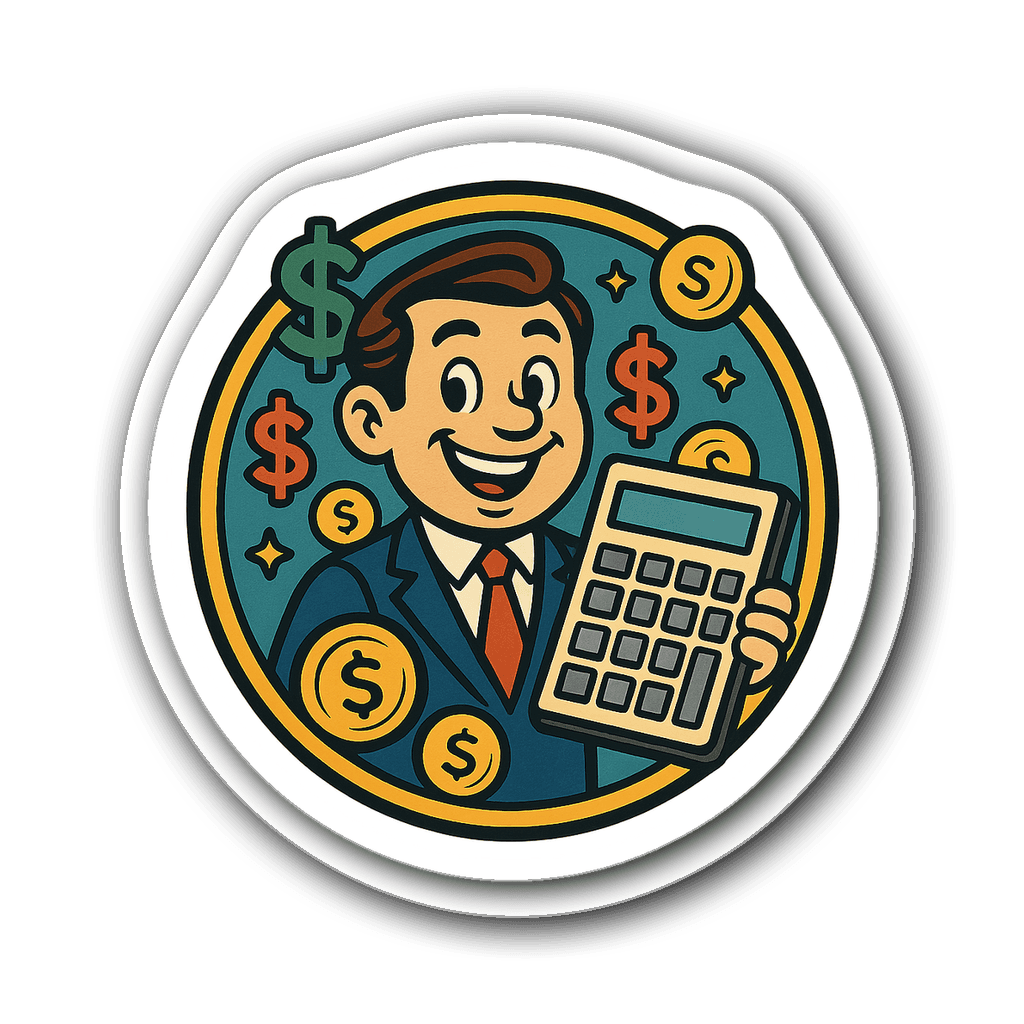 Retro cartoon accountant holding calculator with dollar signs