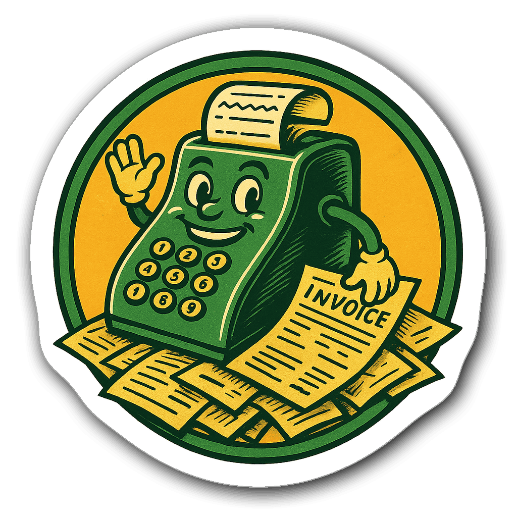 Vintage accountant die-cut sticker with adding machine and invoices