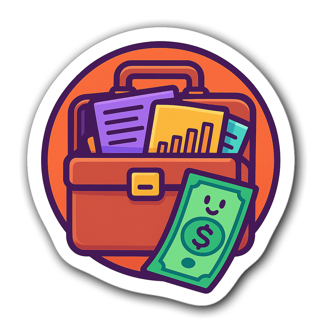 Retro badge sticker featuring an accountant briefcase and dollar bill