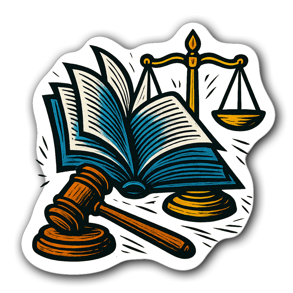 Lawyer sticker with a law book, gavel, and scales of justice