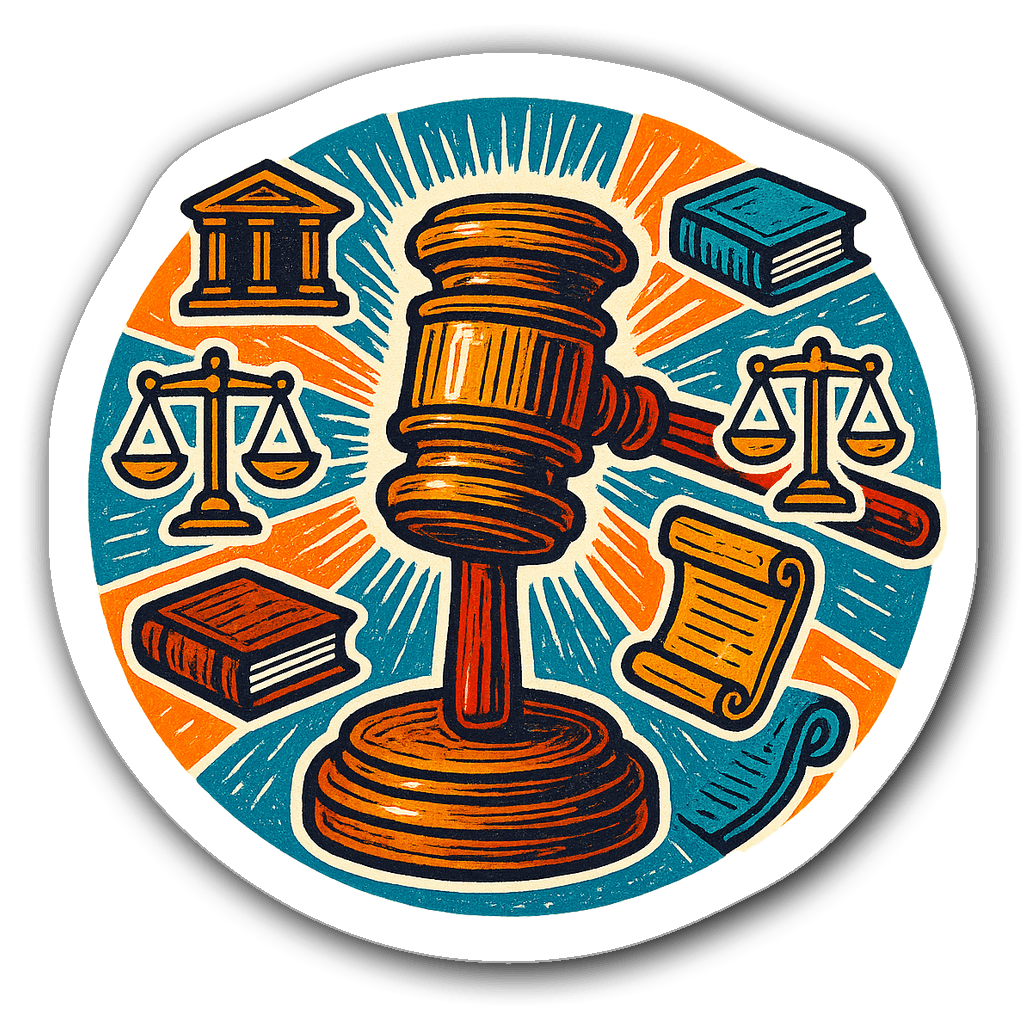 Intricately detailed vinyl sticker of a gavel with legal symbols