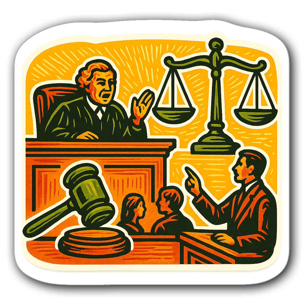Vibrant courtroom scene with a judge's bench and gavel sticker
