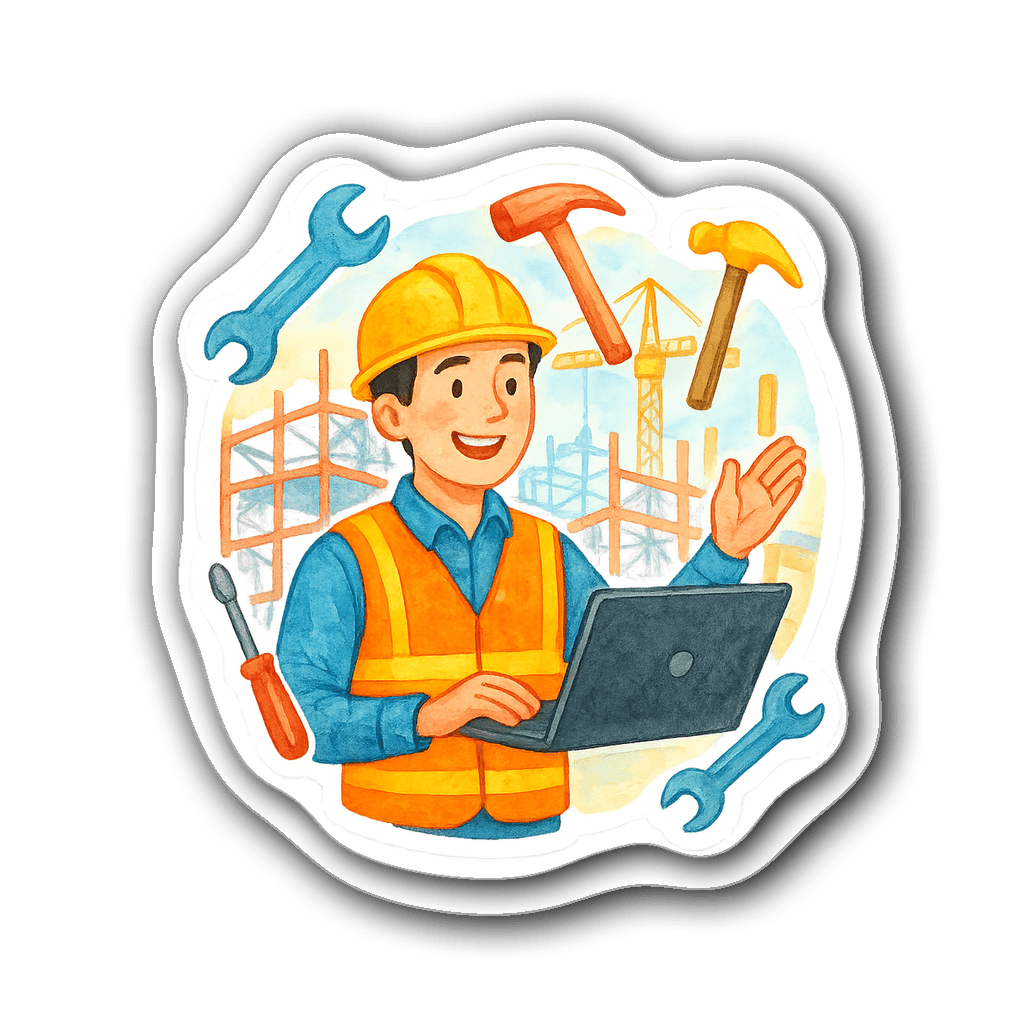 Cheerful watercolor sticker of an engineer on a construction site