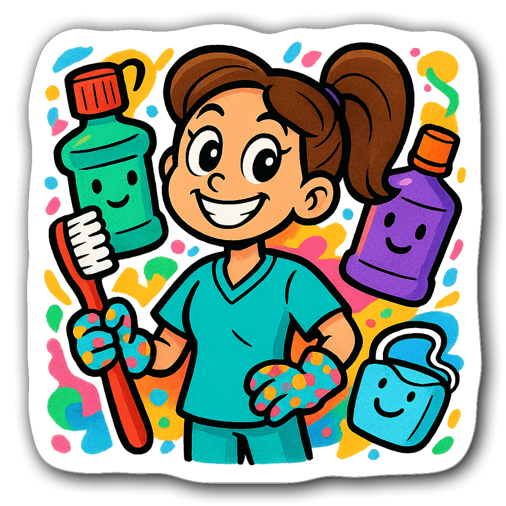 Cartoon dental hygienist holding a giant toothbrush with mouthwash bottles and floss