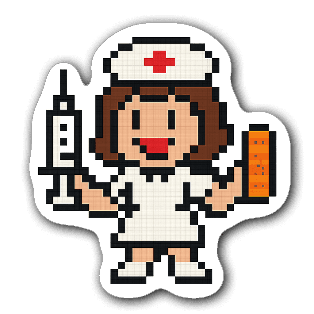 8-bit retro nurse character holding a syringe and band-aid