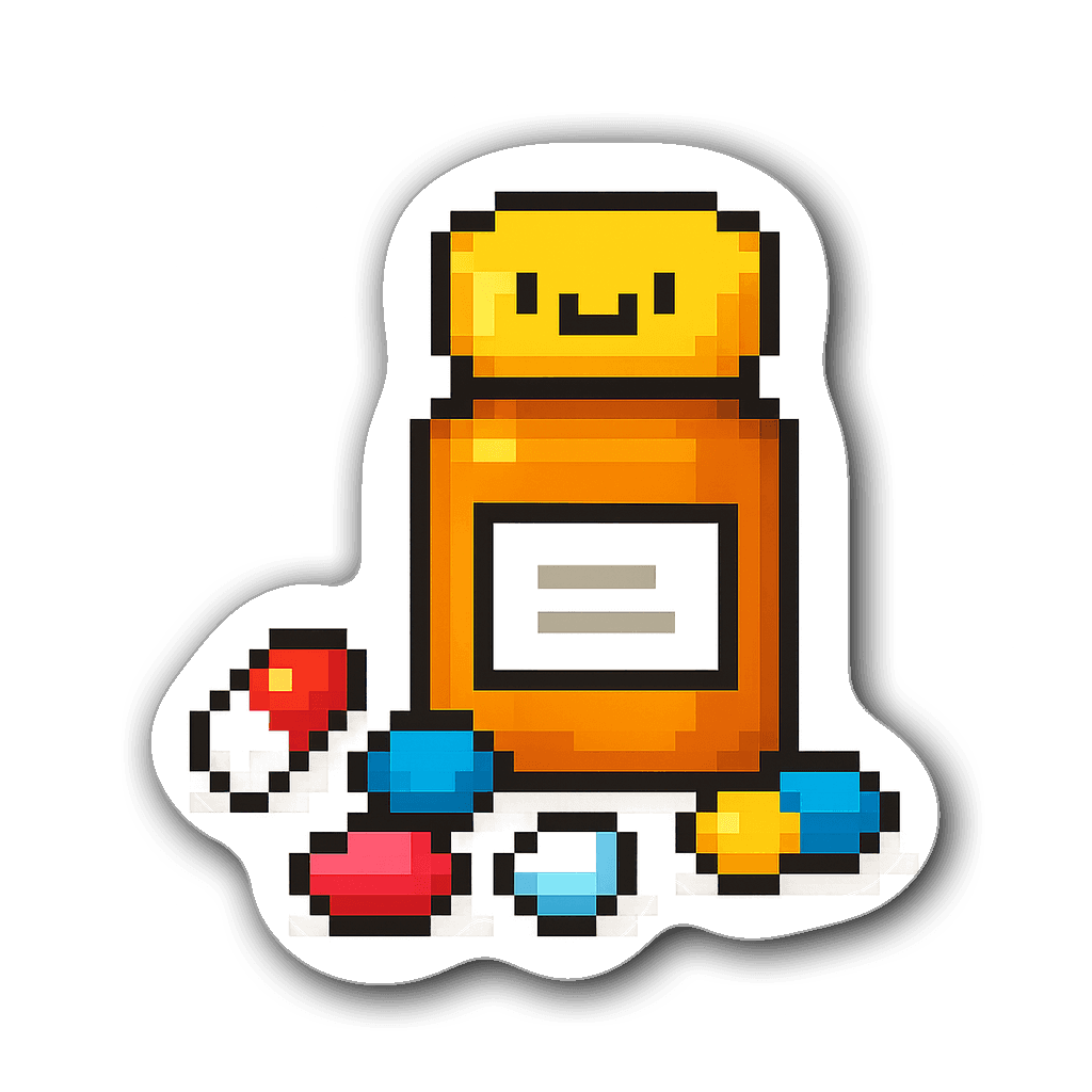 Pixel art sticker of a pill bottle with smiling cap and colorful pills