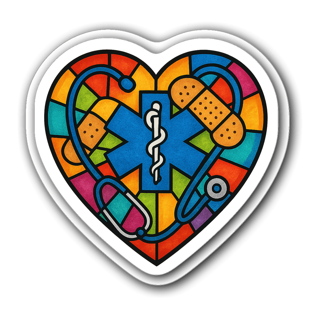 Stained glass heart sticker featuring EMT symbols and colors
