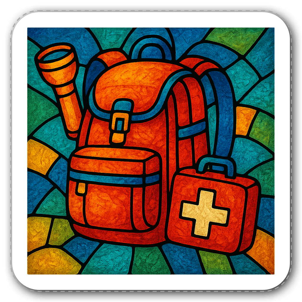 Artistic stained glass sticker of a first responder's backpack