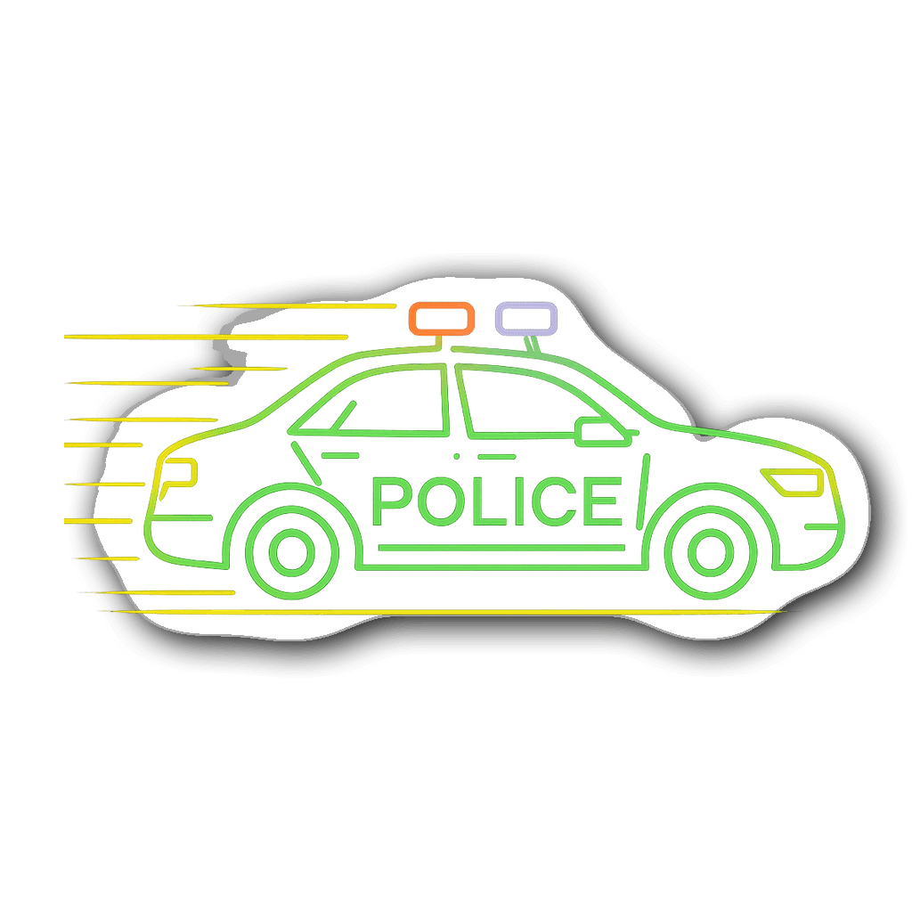Neon outline sticker of a speeding police car with glowing lights.