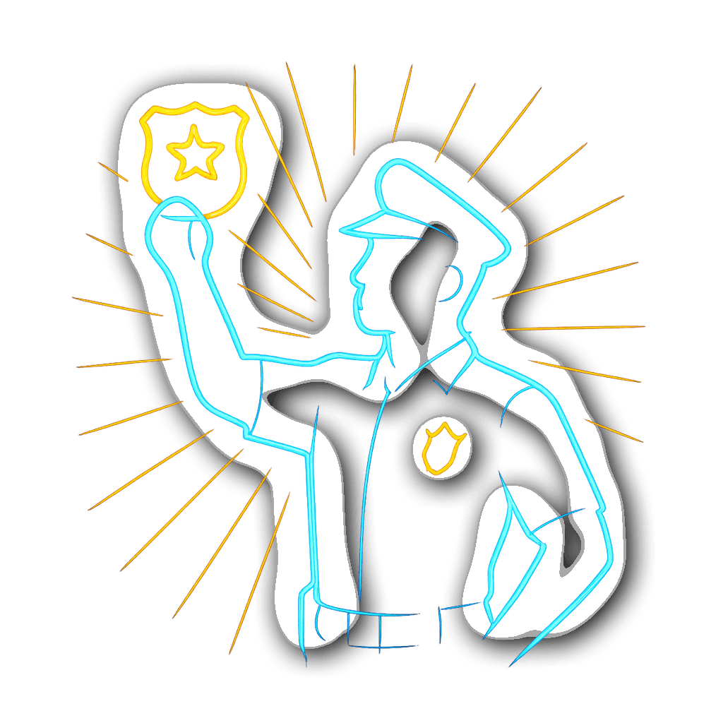 Vibrant neon outline of a police officer silhouette holding a badge