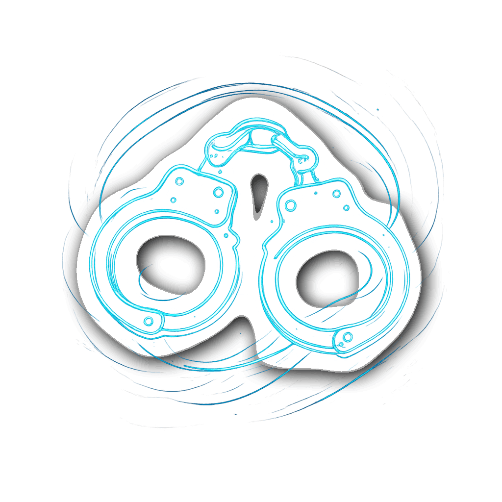 Glowing outline of a pair of handcuffs in silver and blue
