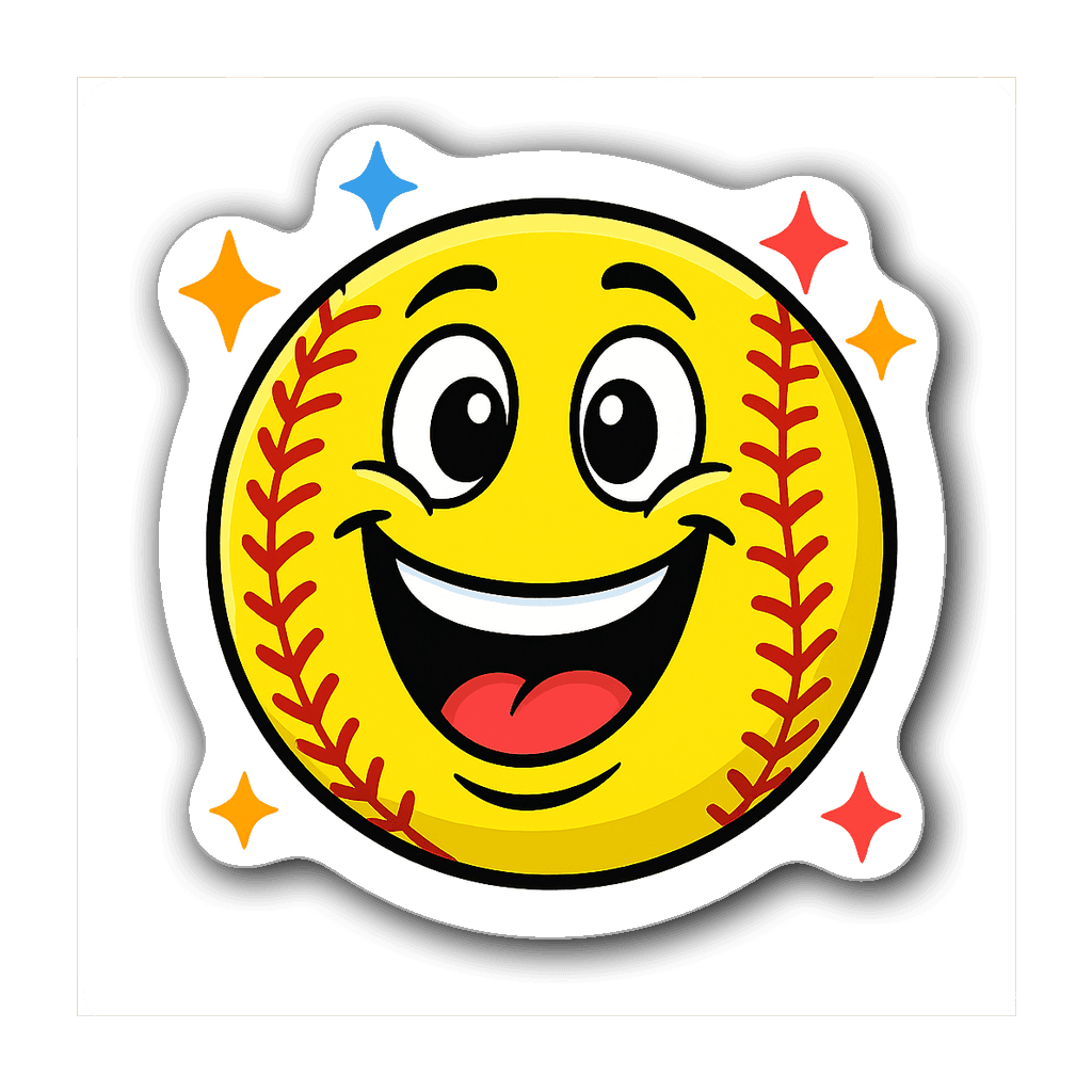 Smiling cartoon softball sticker with sparkles and bright colors.
