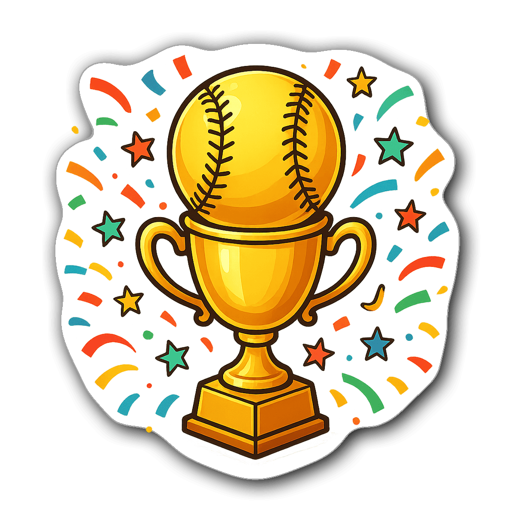 Vibrant softball trophy with confetti and stars sticker