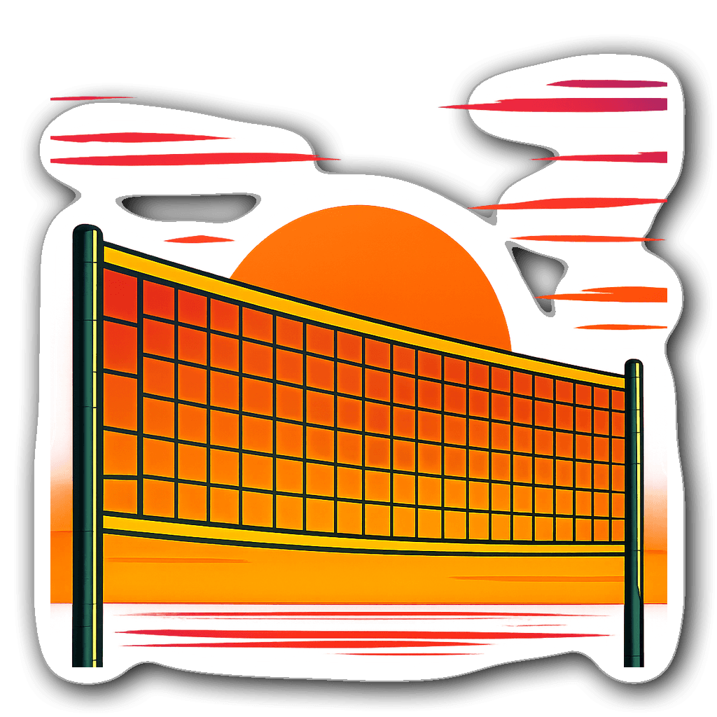 Illustration of a volleyball net with a colorful sunset