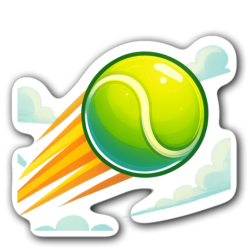 Vibrant tennis ball sticker with motion lines and sunny sky