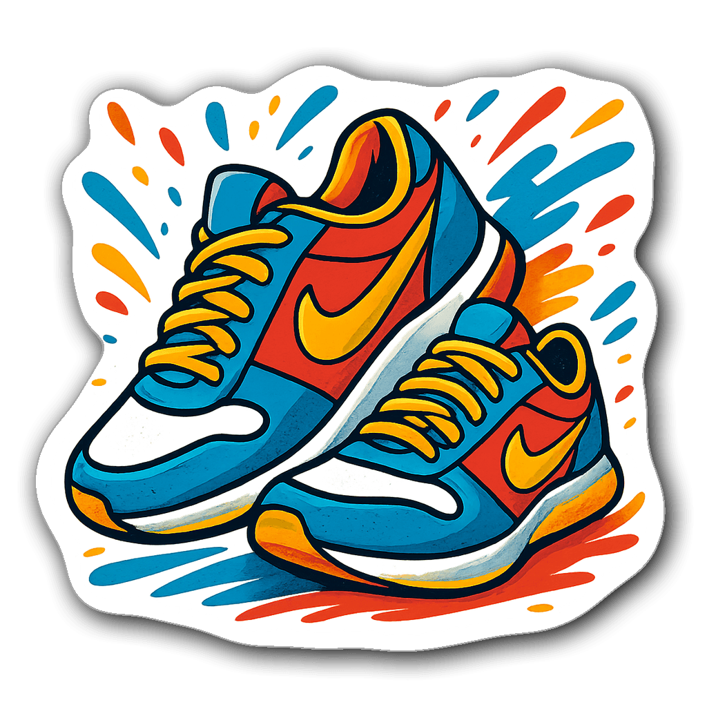 Bright tennis shoes with colorful splashes to suggest movement