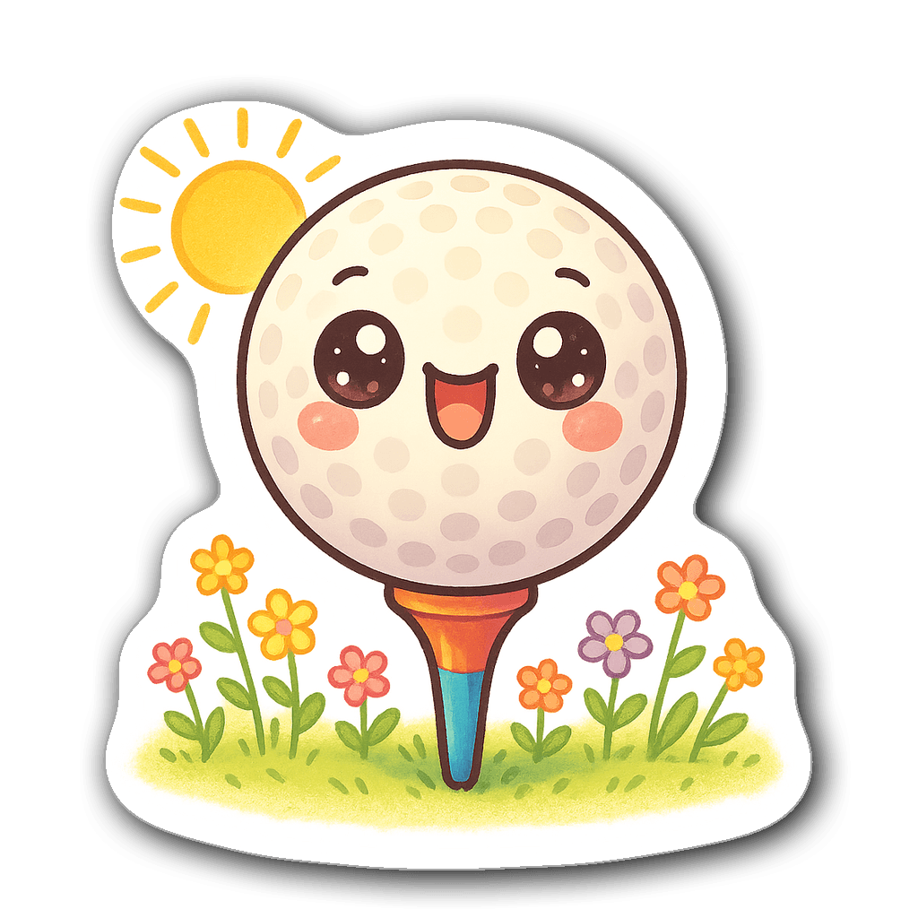 Kawaii chibi golf ball sticker with colorful daisies