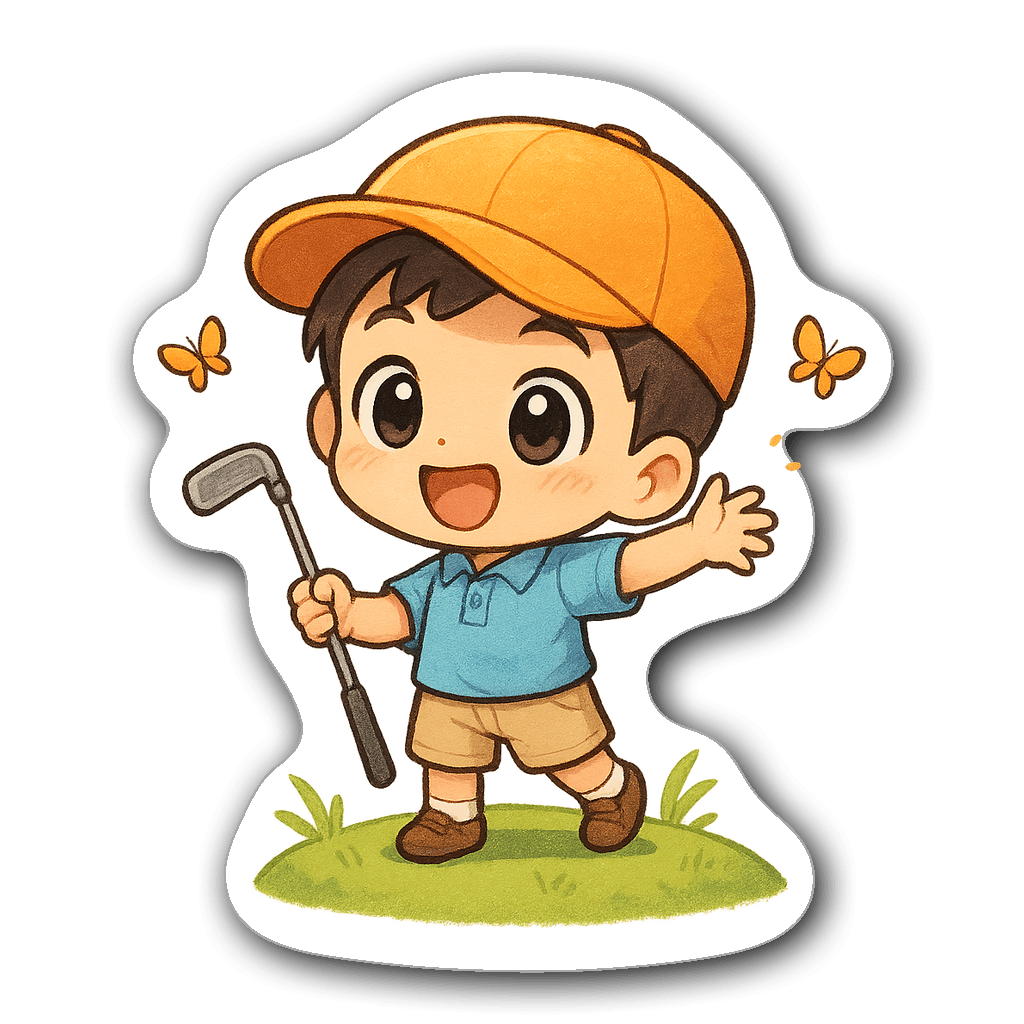 Kawaii chibi golfer sticker with oversized eyes and a putter