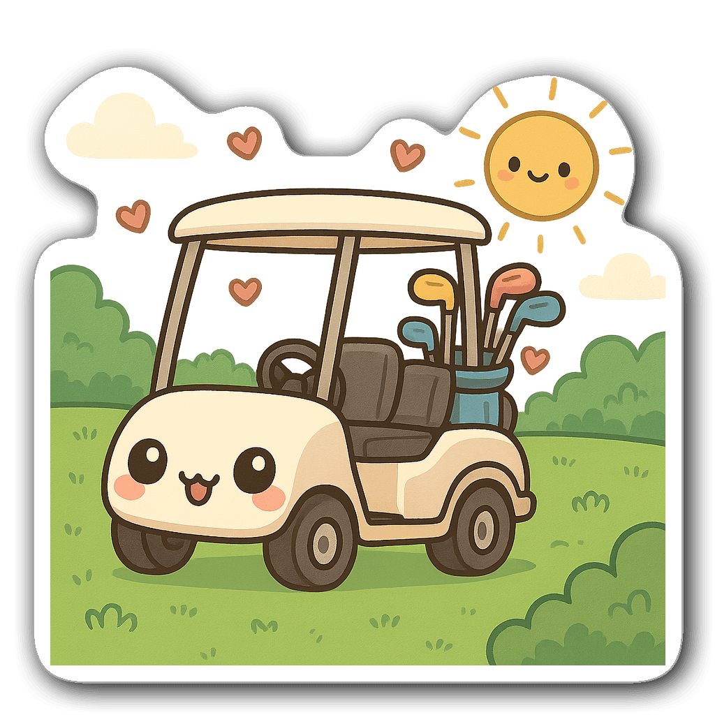 Kawaii chibi golf cart sticker with big eyes and hearts