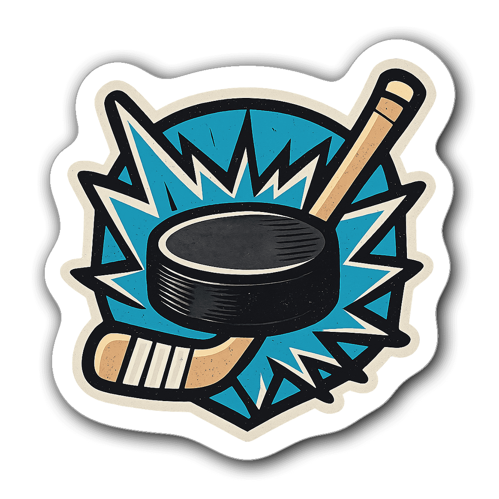 Retro hockey puck sticker with stylized hockey stick and shards