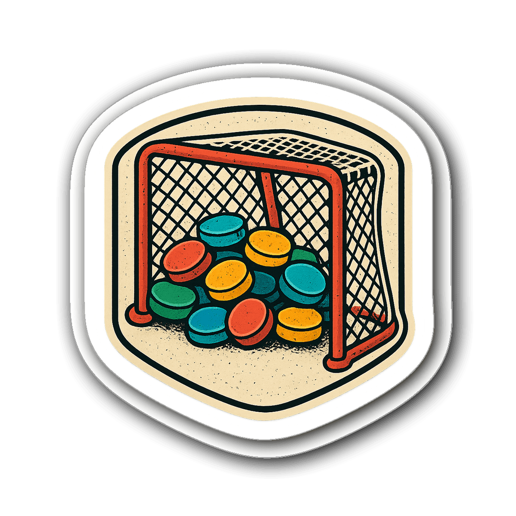 Retro hockey goal net sticker with colorful pucks