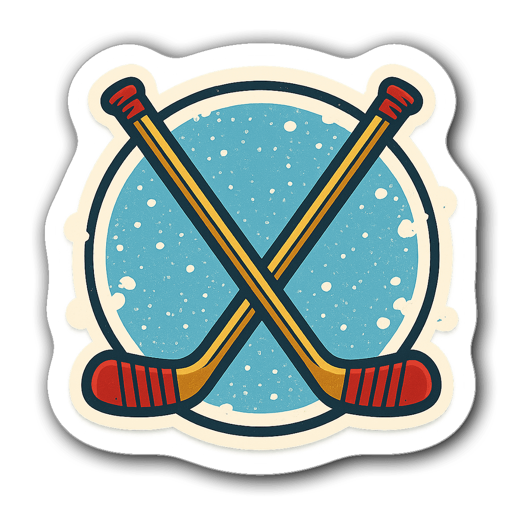Retro hockey emblem with cross hockey sticks and blue background