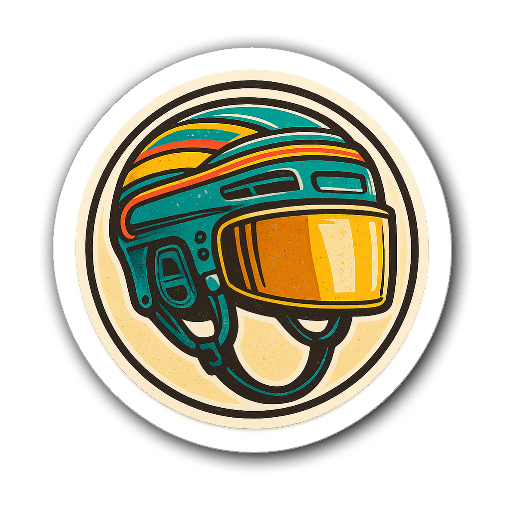 Die-cut sticker of a vintage hockey helmet with vibrant colors