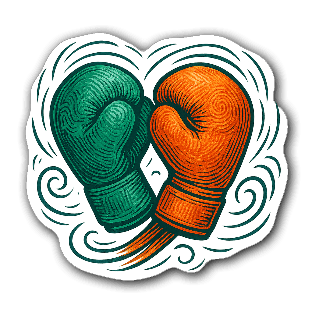 Die-cut sticker of crossed boxing gloves in vibrant colors