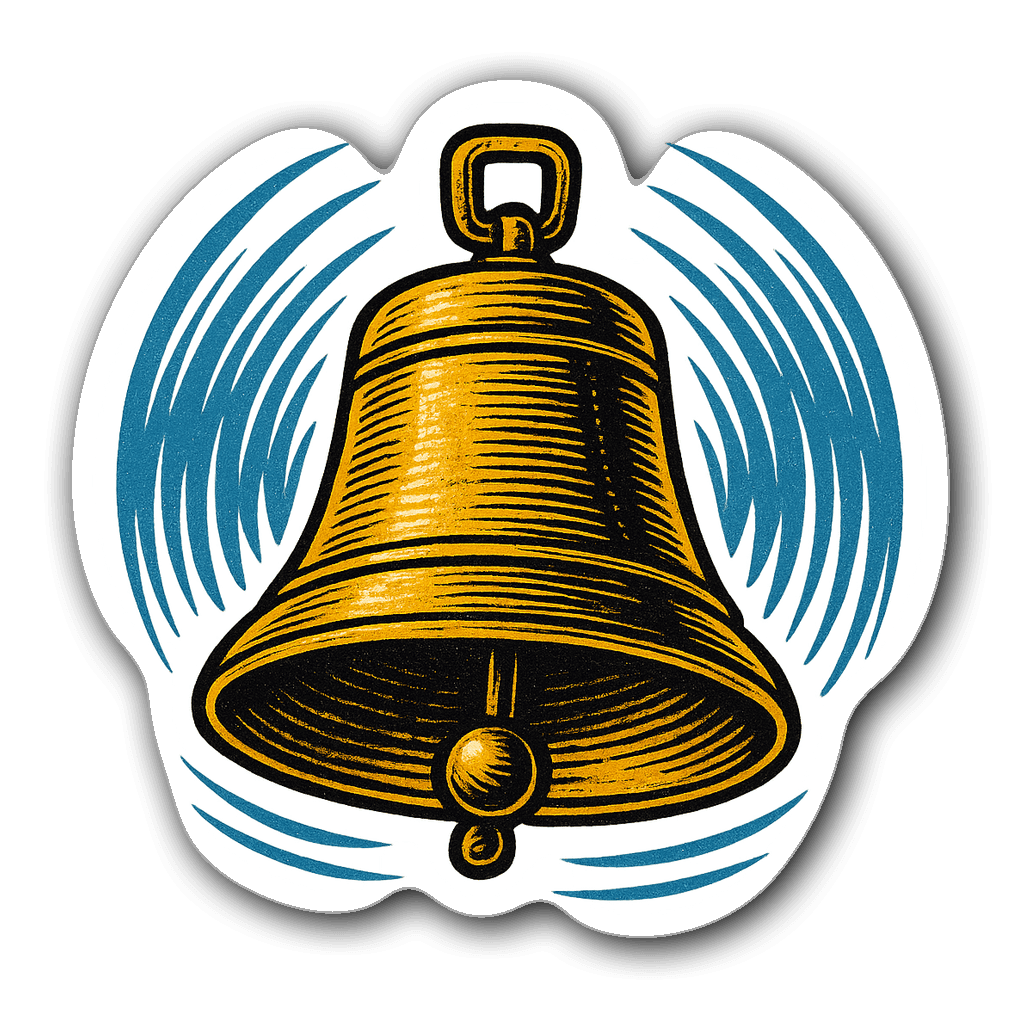 Vintage boxing bell sticker with linocut patterns and sound waves