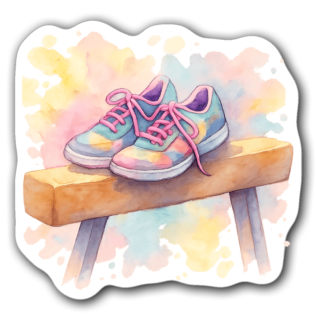 Watercolor gymnastics balance beam with colorful sneakers