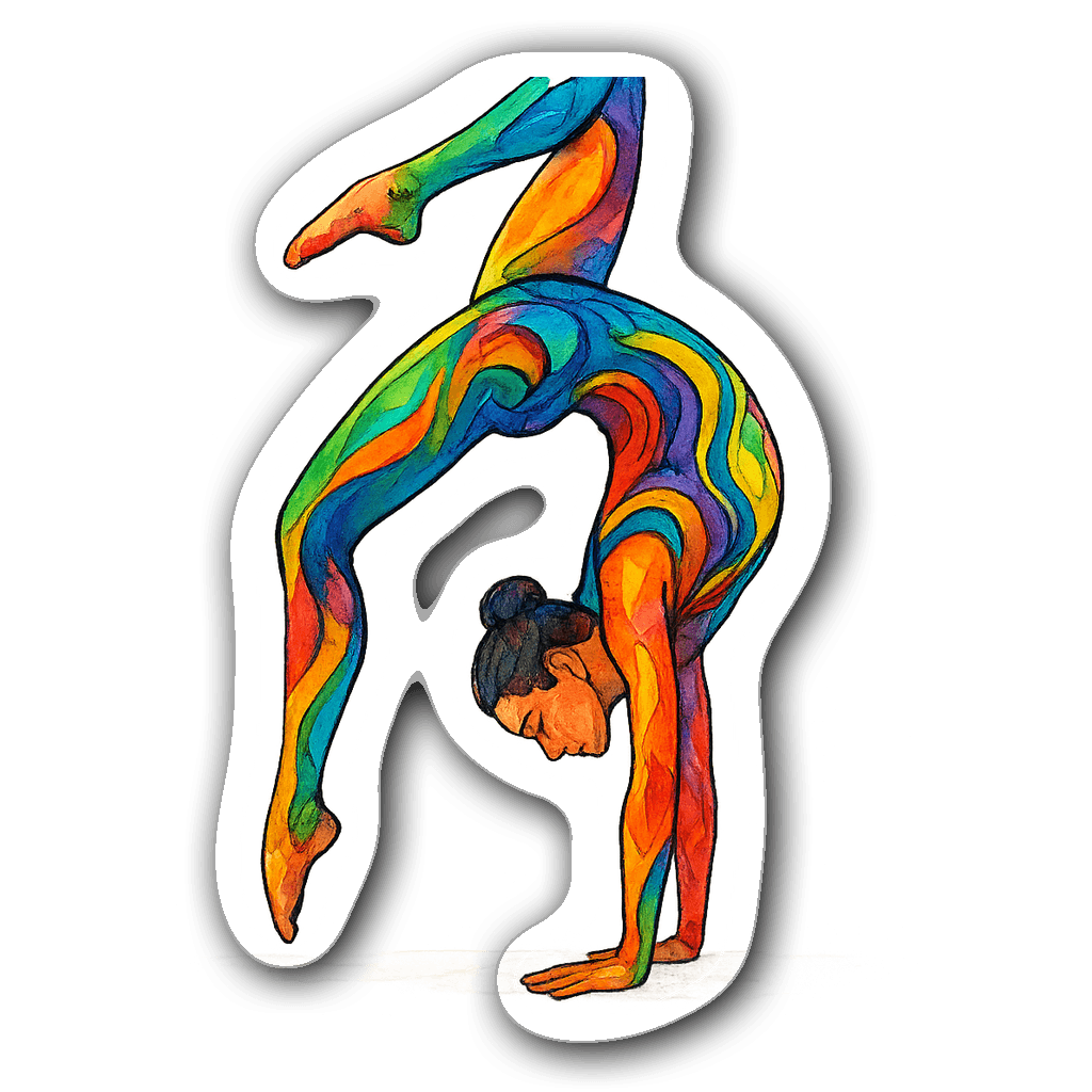 Watercolor sticker of an upside-down gymnast in rainbow hues