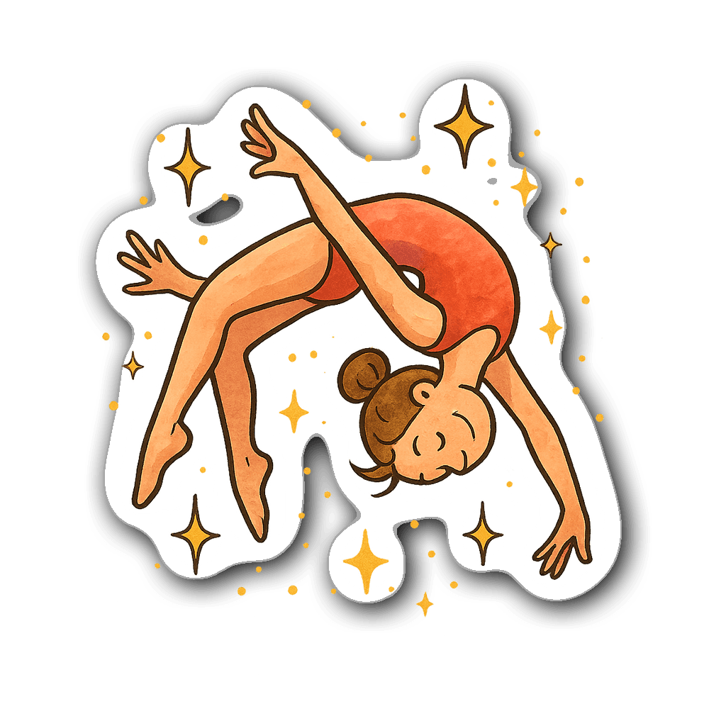 Playful watercolor illustration of a gymnast doing a flip