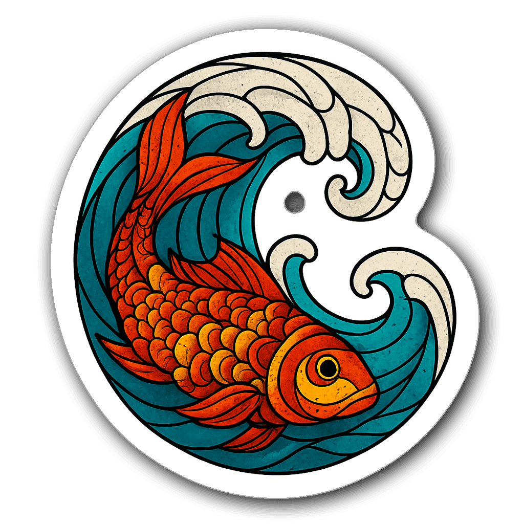 Stained glass fish swimming through stylized turquoise wave