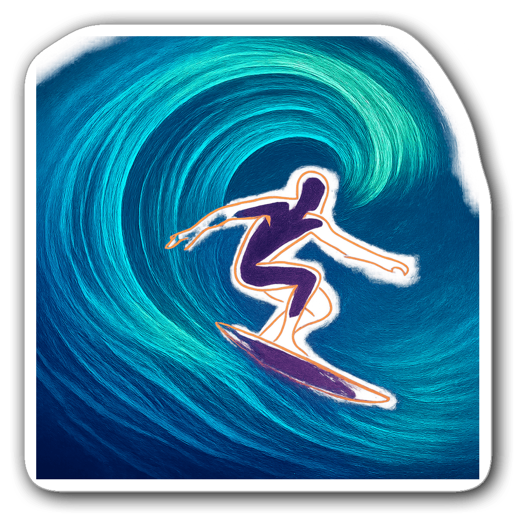 Neon outline of a surfer jumping over an abstract ocean wave