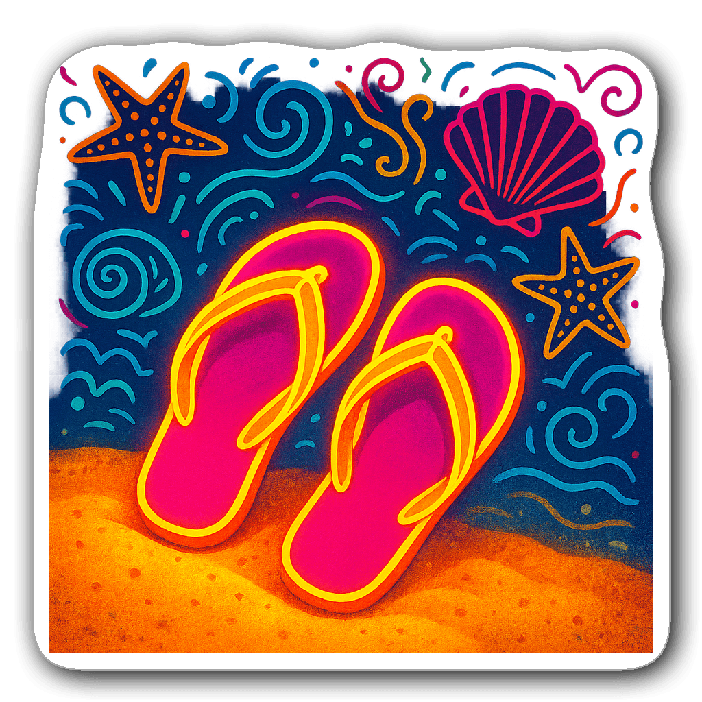 Neon flip-flops sticker with shells and starfish background