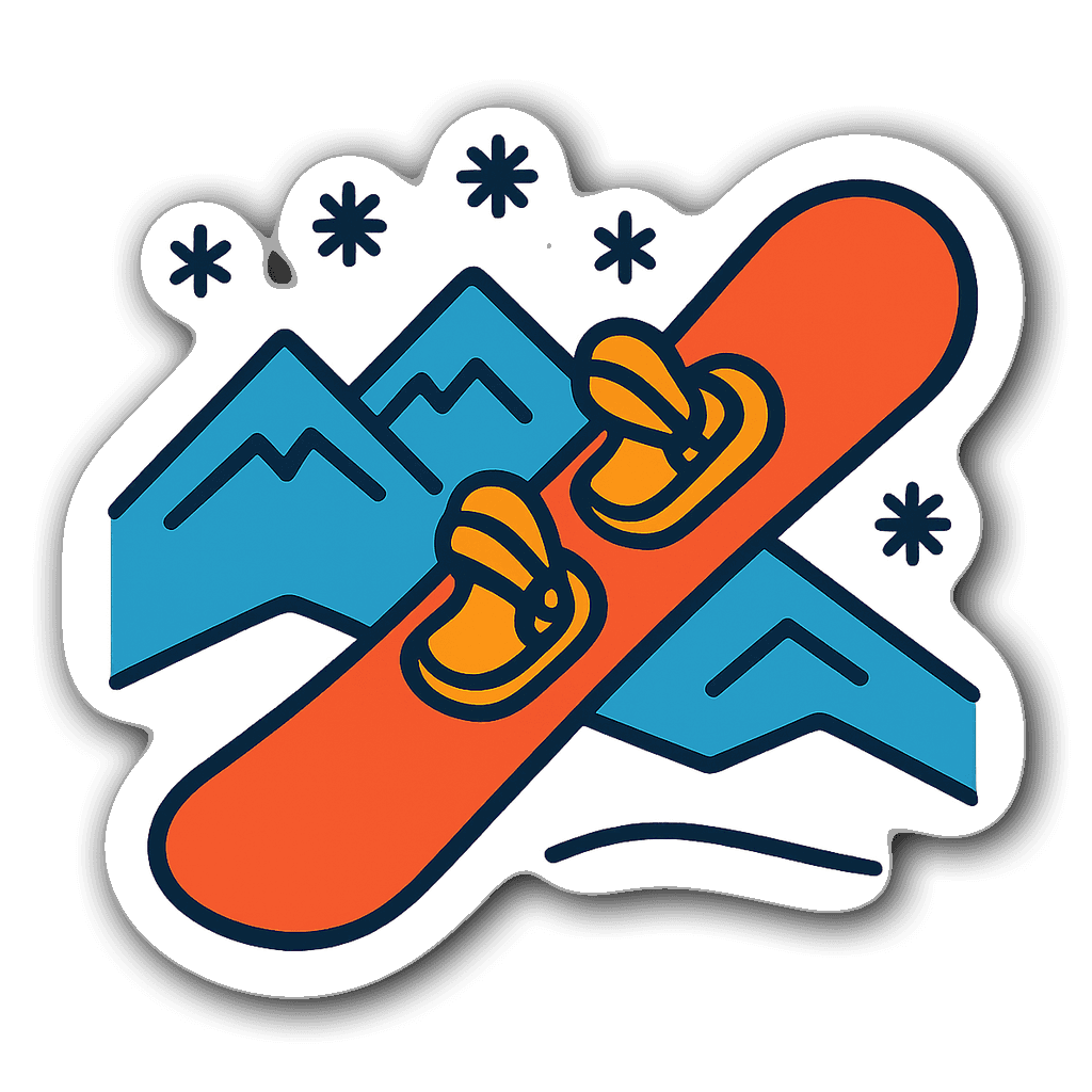 Minimalist line drawing of a snowboard with mountains