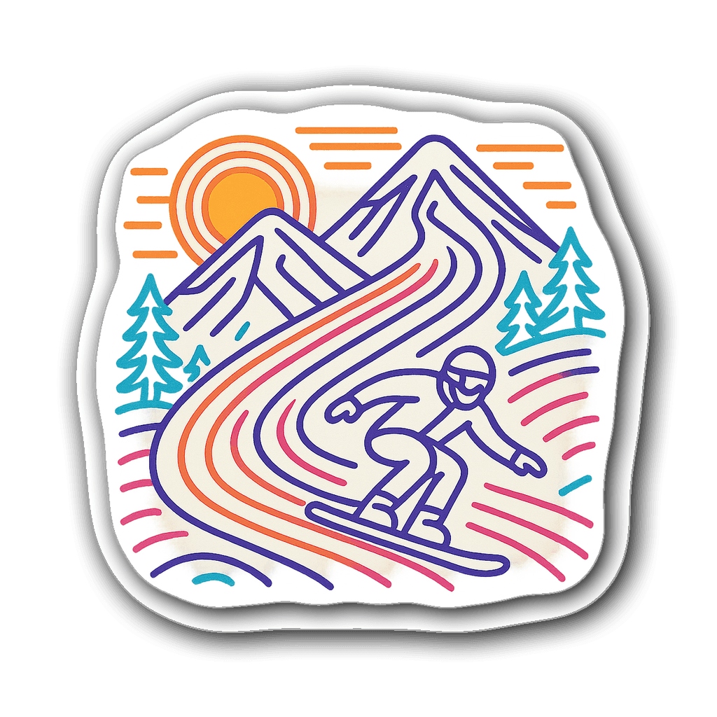 Minimalist line art sticker featuring a snowboarder on a mountain