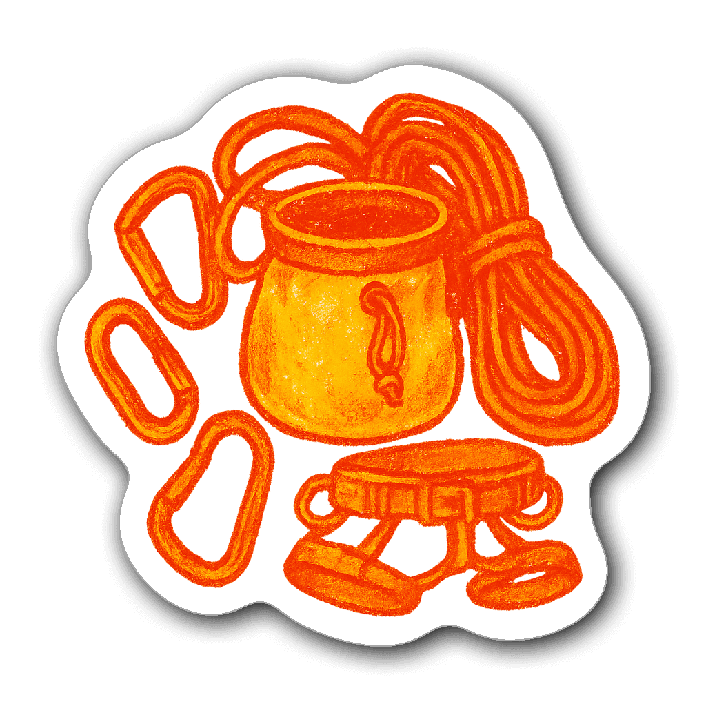 Rock climbing chalk bag and gear sticker in bright colors